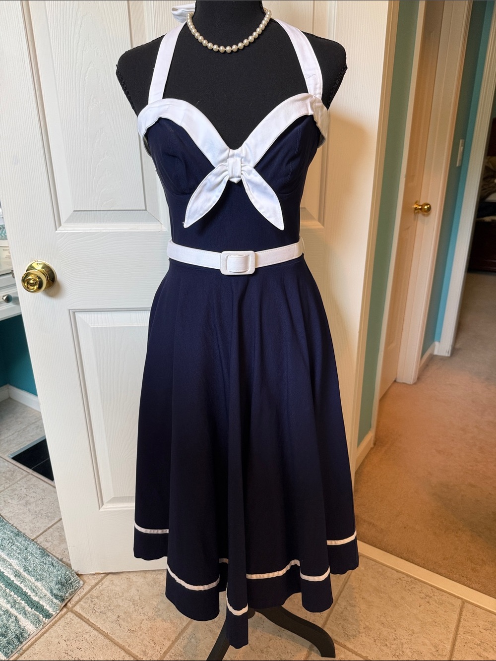 Pinup Couture Rockabilly Navy and White Sailor Halter Retro 1950s Swing Dress